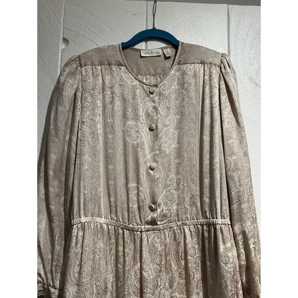 Vintage Frank Young Dress 100% Silk Paisley Long Sleeve 10 Silver Secretarial - Picture 2 of 10